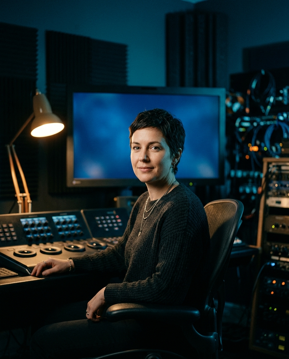Mara Voss in her grading suite