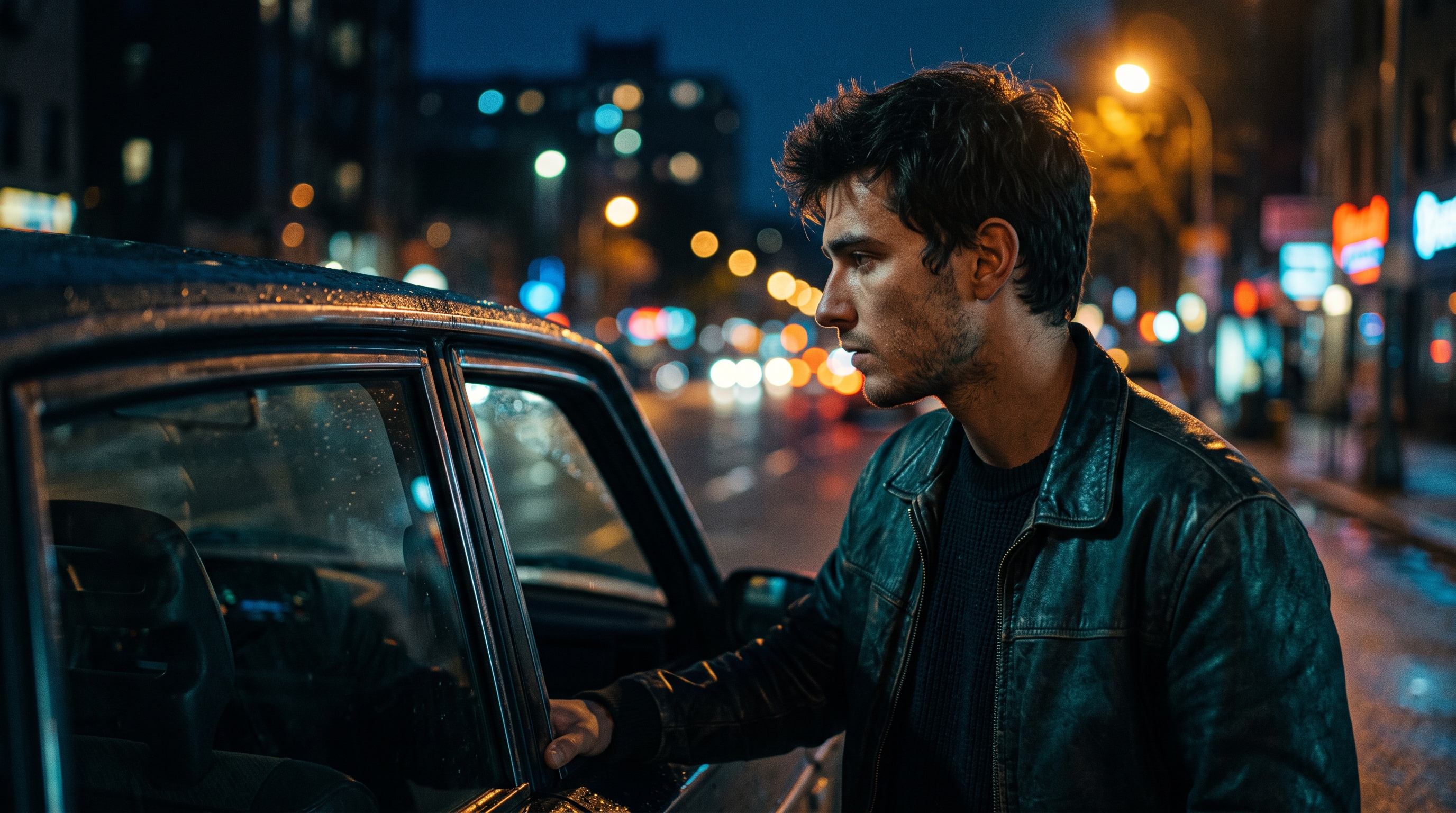 A young man at a car window rim-lit by a warm streetlight
