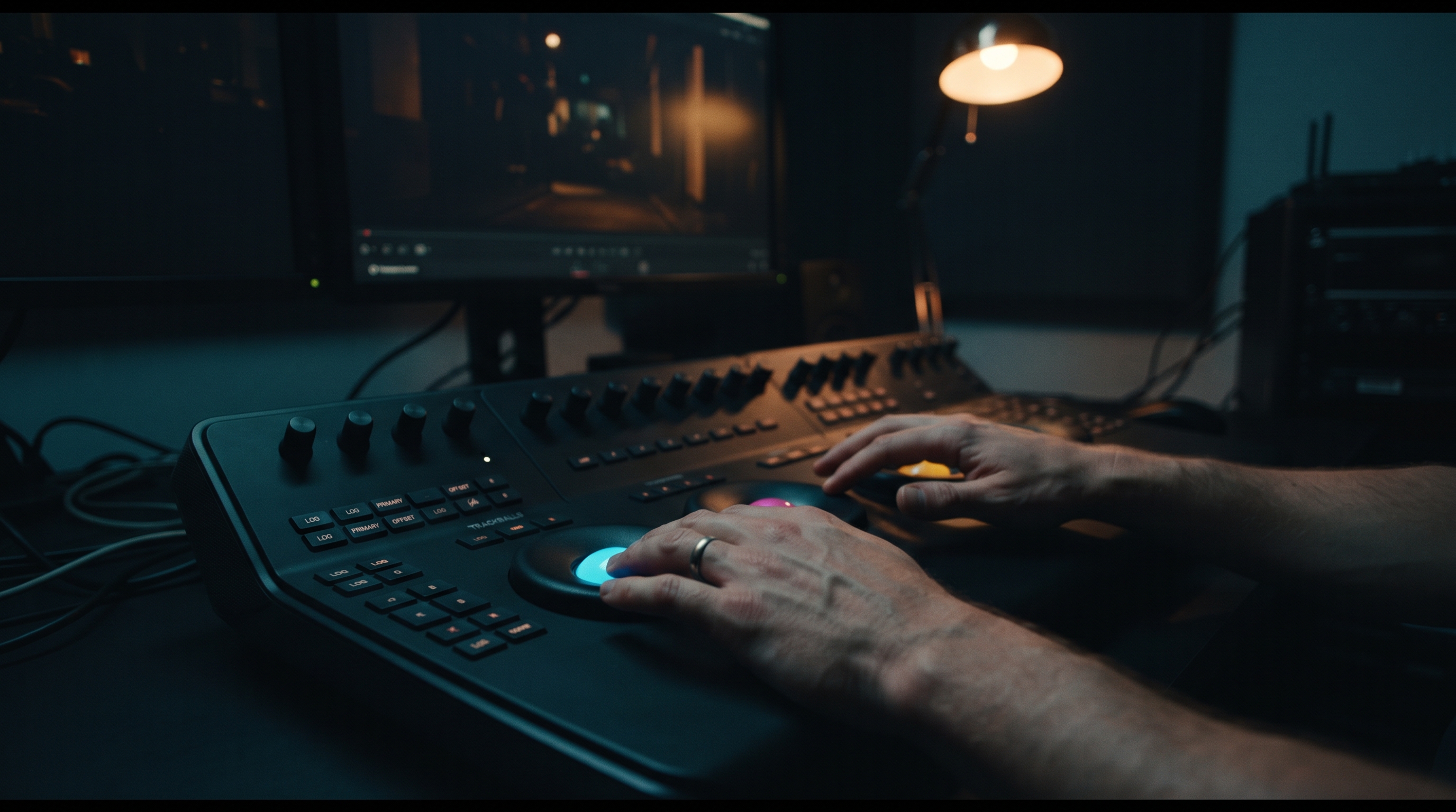Hands on a colour grading control surface lit by a warm desk lamp