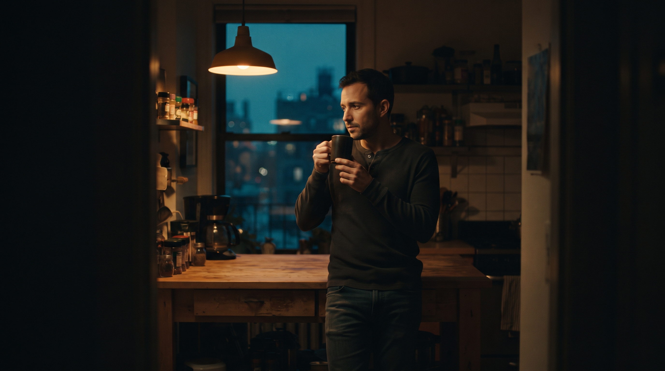A man in a late-night kitchen lit by a single warm pendant lamp
