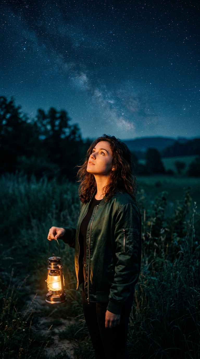 Vertical film still: a woman lit by warm lantern light under a deep blue night sky